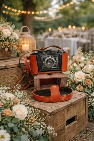 Appareil photo vintage décoratif sur meuble en bois pour mariage, location Rouen