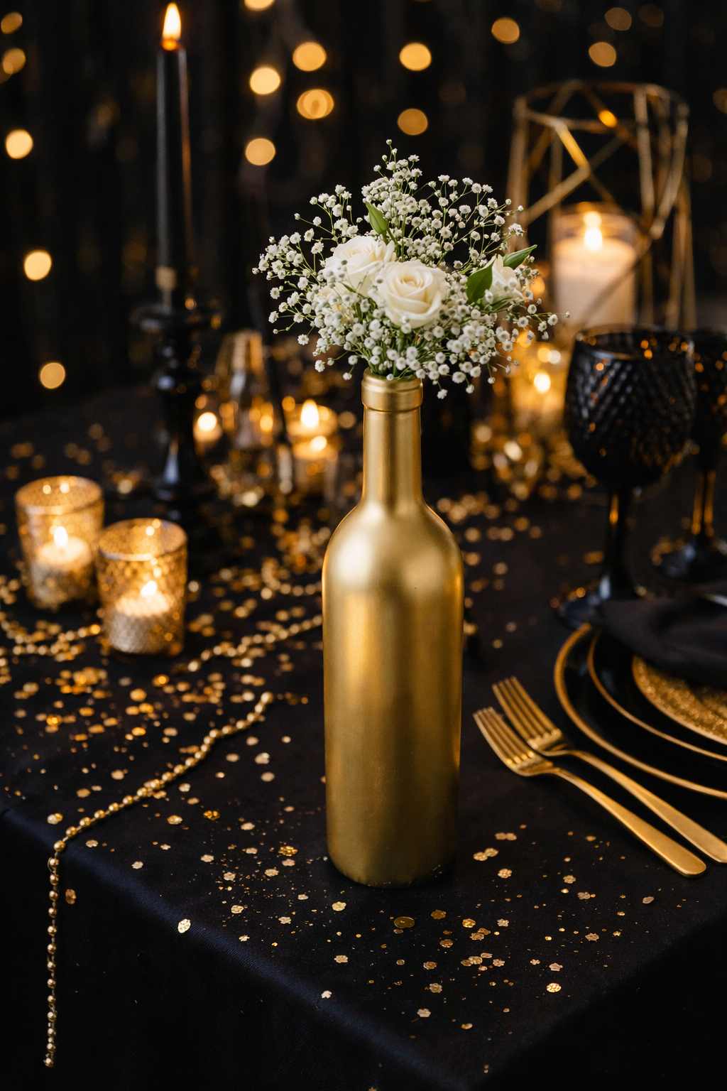 Bouteille décorative dorée pour centre de table de mariage à Rouen