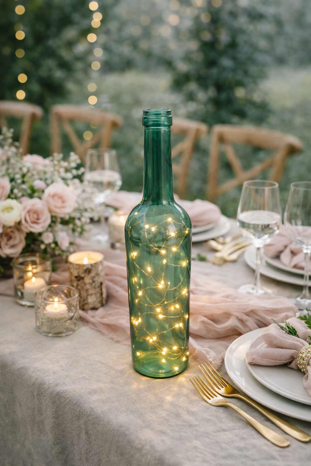Bouteille décorative verte lumineuse pour centre de table de mariage à Rouen