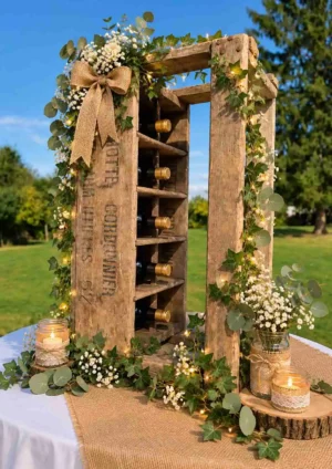 Caisse range bouteilles bois vintage avec décoration florale et bougies pour mariage, location Rouen