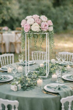 Centre de table blanc en situation avec fleurs pastel, location Rouen