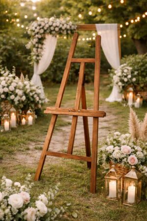 Chevalet bois foncé pour panneaux et cadres - mariage Rouen