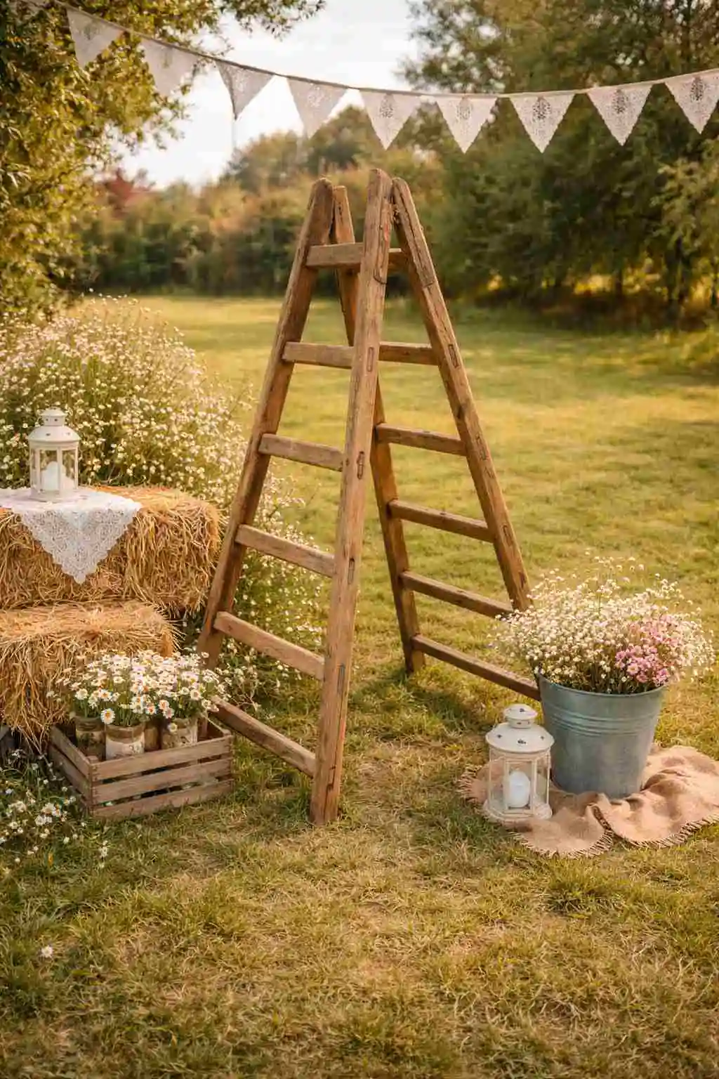 Escabeau en bois vintage pour décoration de mariage champêtre en extérieur, location Rouen
