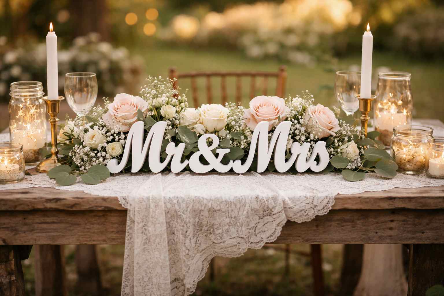 Lettres en bois Mr & Mrs blanches sur table d'honneur de mariage avec fleurs, location Rouen