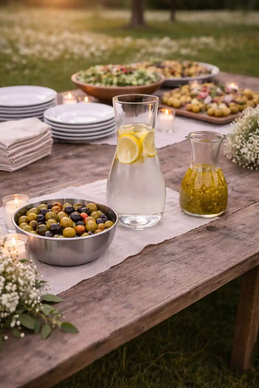 Carafe en verre transparent avec rondelles de citron sur table de mariage champêtre à Rouen