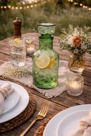 Location carafe en verre vert vintage pour table de mariage à Rouen