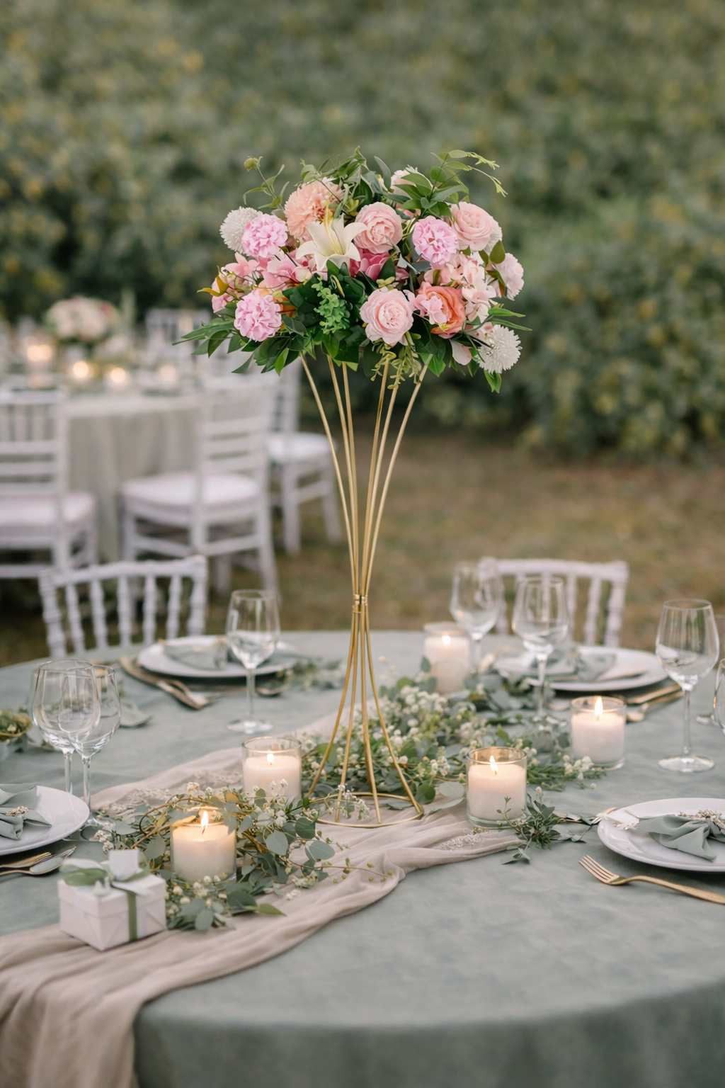Vase centre de table doré avec composition florale rose, location Rouen