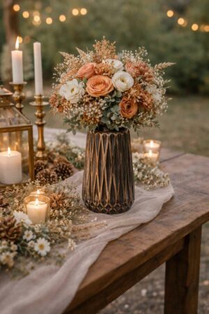 Vase chocolat texturé en plastique avec bouquet terracotta, location Rouen