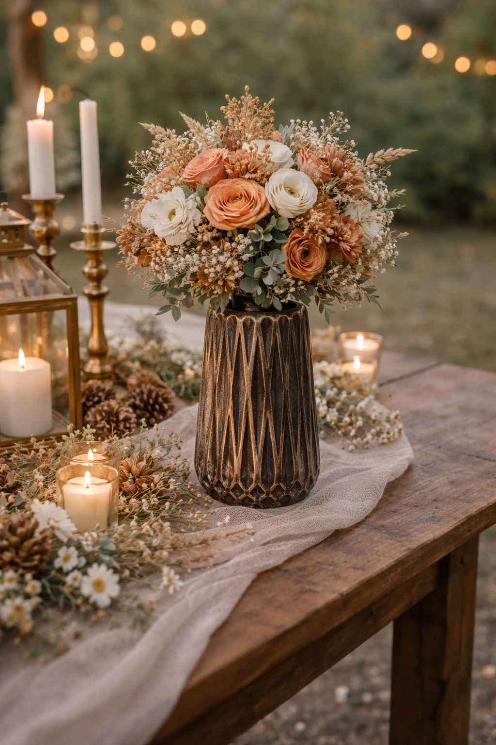 Vase chocolat texturé en plastique avec bouquet terracotta, location Rouen