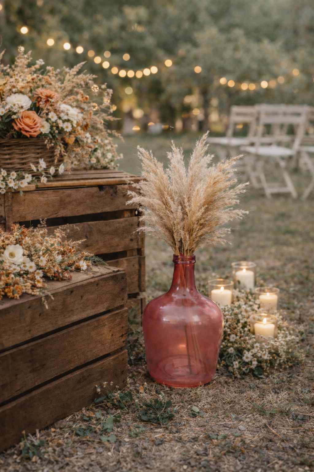 Vase dame jeanne rouge rosé en verre avec pampa et caisses en bois, location Rouen