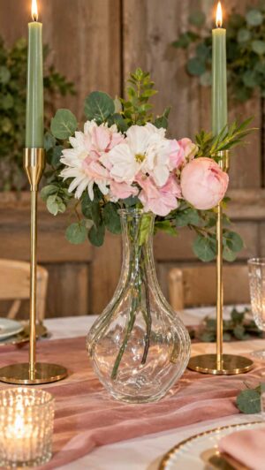 Vase transparent galbé en verre avec bouquet rose et blanc, location