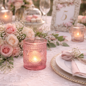 photophore porte bougie en verre rose