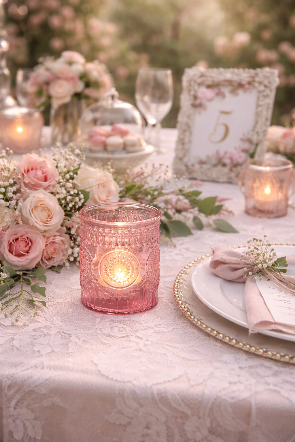 photophore porte bougie en verre rose