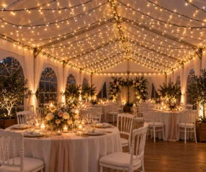 Plafond lumineux en guirlande LED sous chapiteau pour mariage à Rouen