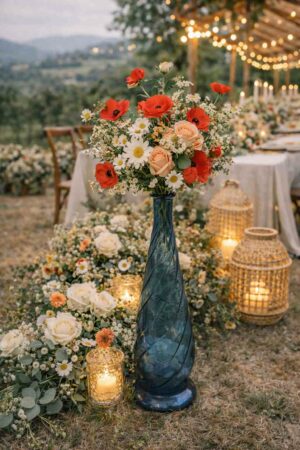 Grand vase bleu en verre torsadé avec bouquet champêtre, location Roue