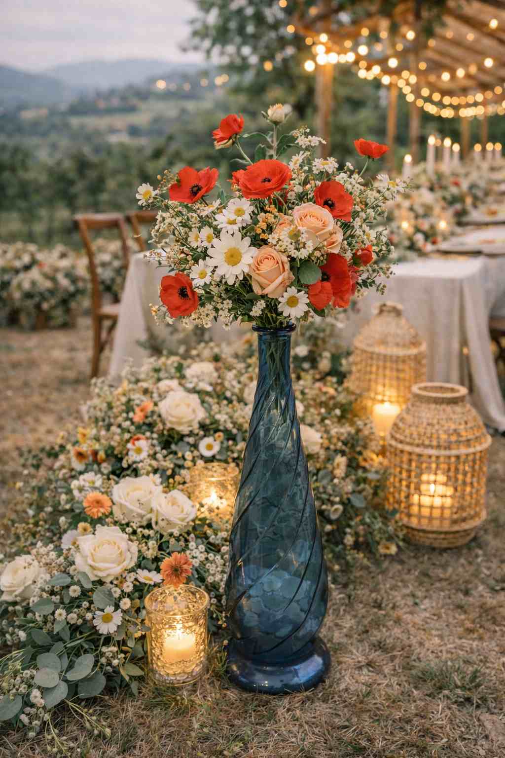 Grand vase bleu en verre torsadé avec bouquet champêtre, location Roue