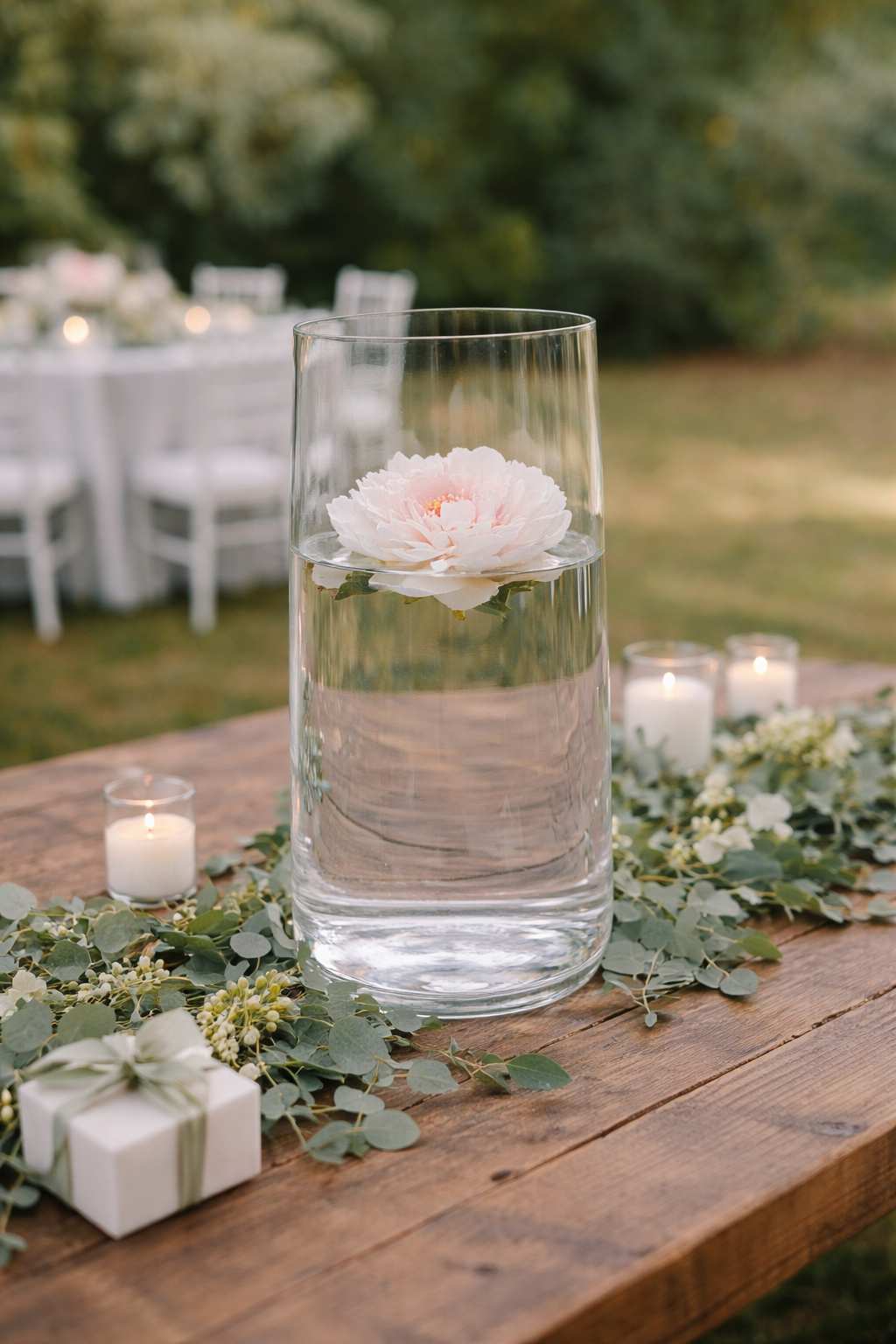Grand vase transparent en verre avec composition florale, location Rouen
