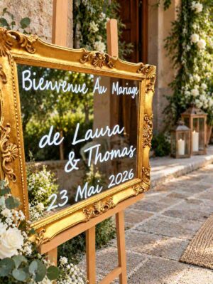 Panneau bienvenue miroir doré personnalisé - mariage Rouen