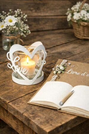 Photophore love blanc H10cm - décoration mariage Rouen