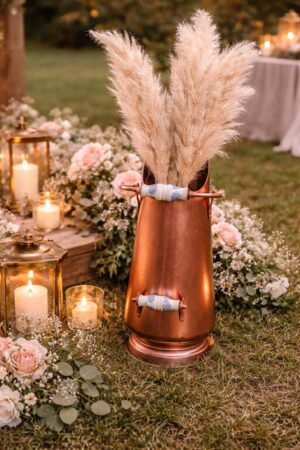 Seau à charbon cuivre détourné en contenant floral pour mariage à Rouen