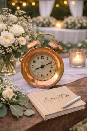 Horloge de décoration vintage sur meuble pour mariage, location Rouen