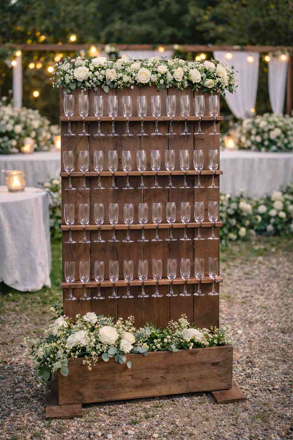 Mur à champagne en bois pour cocktail de mariage à Rouen